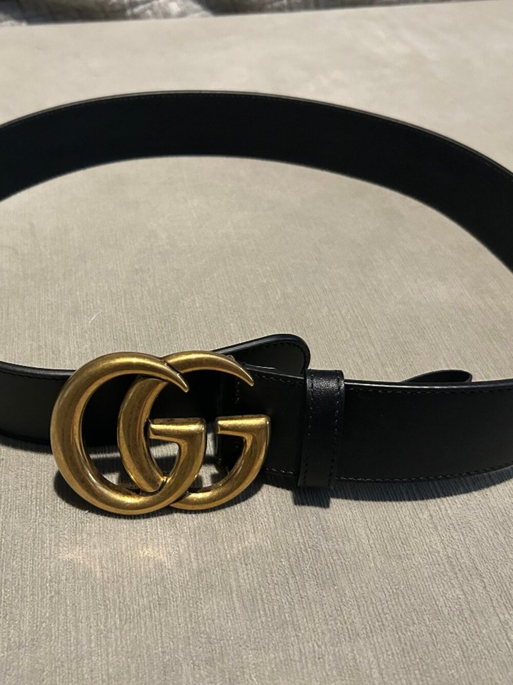GUCCI GG Marmount 1.5" Black Leather Belt Antique Gold Size 75